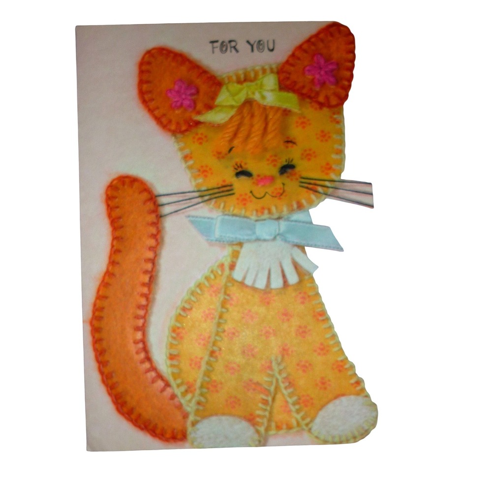 Vintage Hallmark Orange Felt Cat Birthday Card Kitsch Mid Century 15B 153-1‎ USA